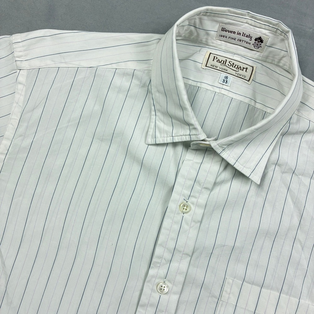 Paul Stuart Dress Shirt Mens 16 33 White Blue Striped Italian Cotton